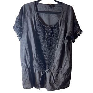 Black Boho Tunic‎ Peasant Blouse with Lace Overlay and Tie Waist L